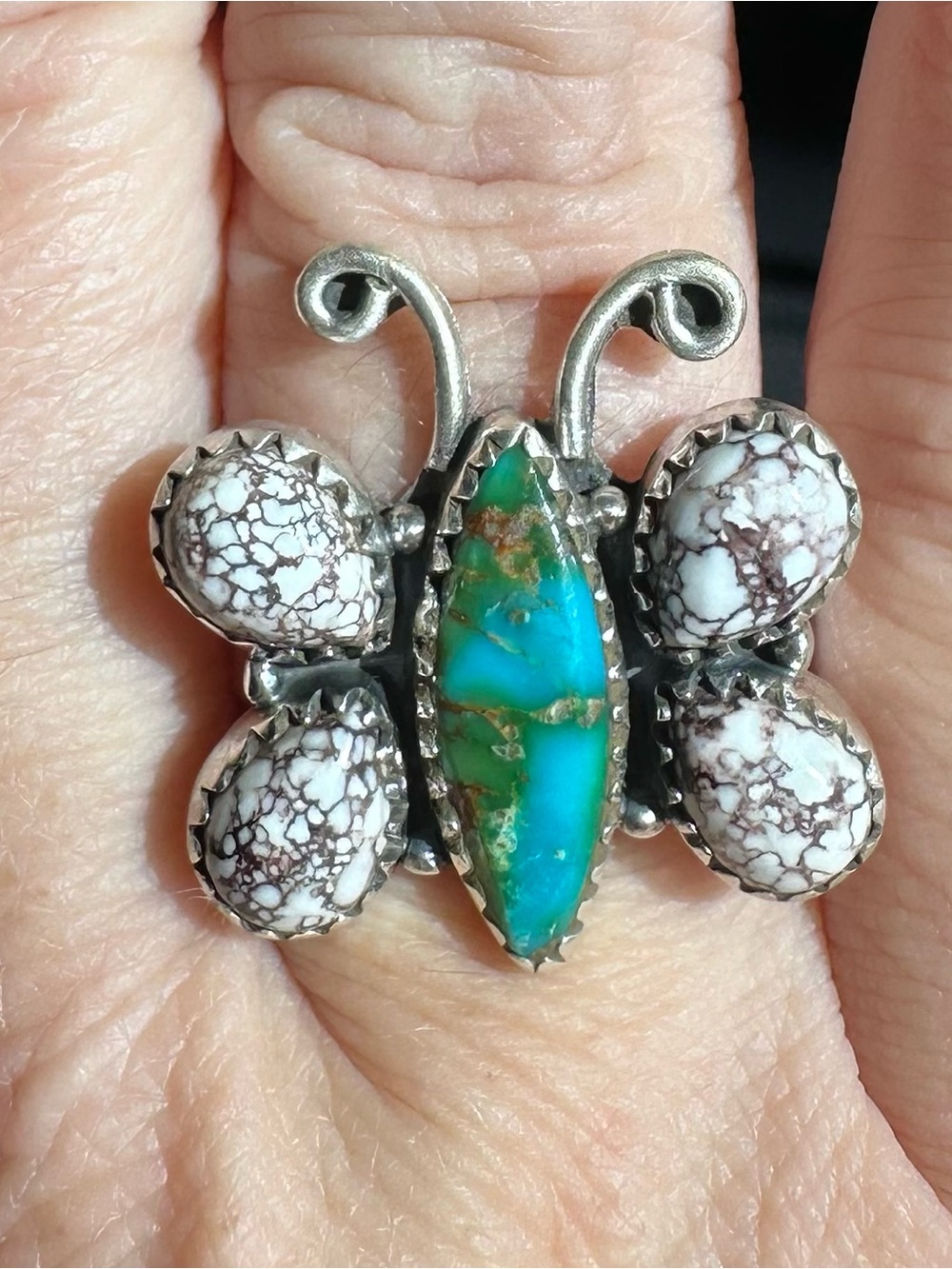 Butterfly Turquoise and White Matrix Stone Ring - Silver Tone